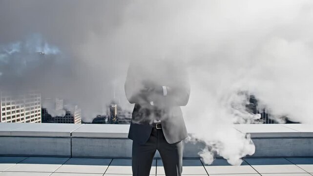 Young businessman standing on a rooftop with a city skyline view while his head explodes into a cloud of smoke, symbolizing stress, burnout, information overload, and digital chaos