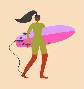 An Indian girl on beach with a surfboard. Vector cartoon illustration