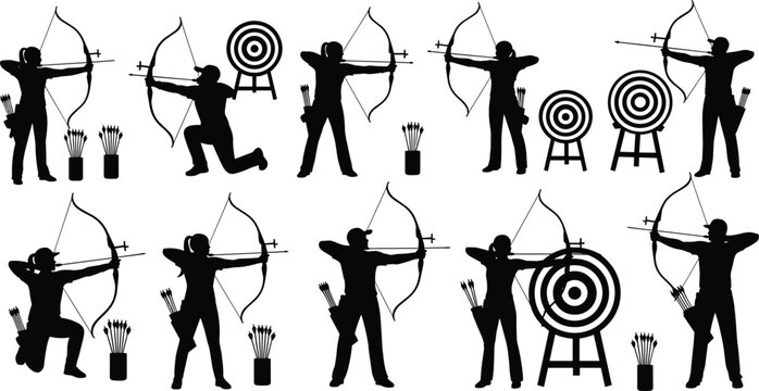Archer silhouette icon set, bow arrow, target practice, quiver arrows, standing pose, kneeling stance, archery sport, vector illustration, black pictogram, tradition, competition, skill