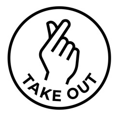 Obraz premium Finger Heart Gesture with Take Out Text Round Icon. Cute Black and White Vector Sign for Cafe or Delivery.