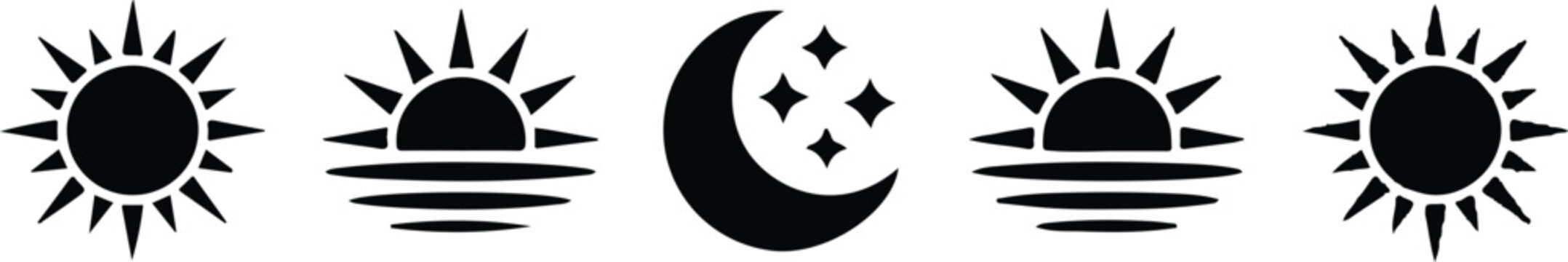 Set of rising or setting sun, crescent moon and stars. Vector illustration