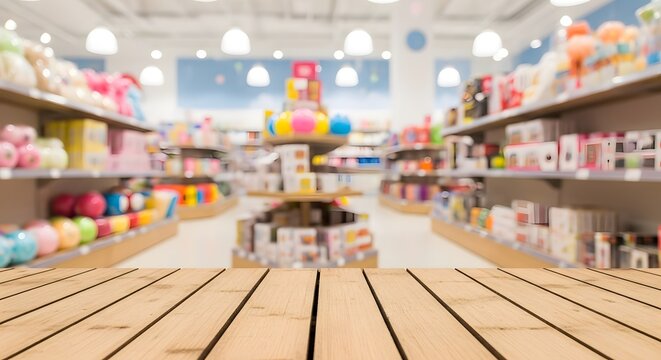 Empty wooden table top with blurred toy store background featuring colorful shelves and merchandise