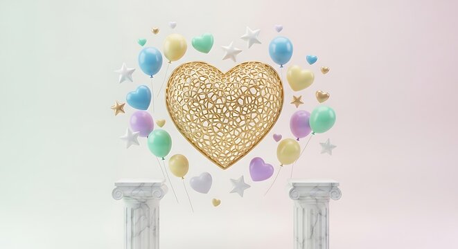A golden heart adorned with colorful balloons floating above columns