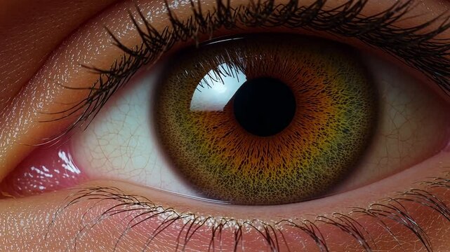 Extreme macro close-up of a human eye iris showing deep amber and brown textures, sharp focus on the pupil with subtle light reflections. Created with generative AI.