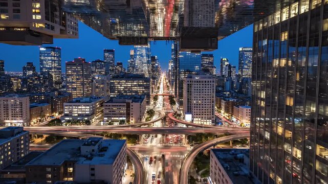 Upside down view of a city with illuminated skyscrapers and traffic at dusk