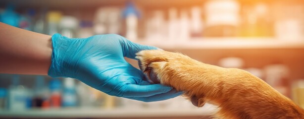 The Dog Paw and Gloved Hand Symbolizing Compassionate Veterinary Care in Clinic