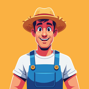 Happy Farmer Wearing Straw Hat.
