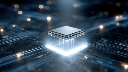 Futuristic microchip glowing on circuit board