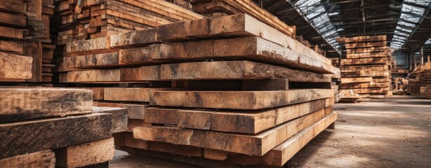 The Stacked Lumber Piled in an Old Warehouse with Warm Sunlit Atmosphere