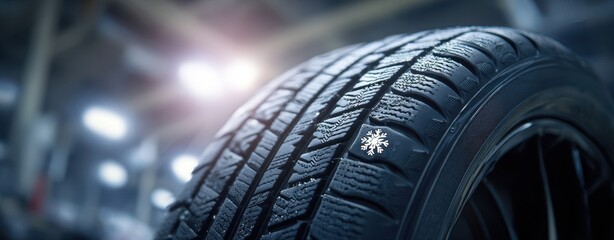 The Tire with a Snowflake Tread in Closeup at an Auto Repair Workshop