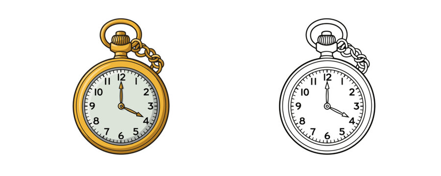 Hand drawn cartoon style pocket watch with golden case chain and white dial showing both colored and linear versions on white background for vintage and time concepts