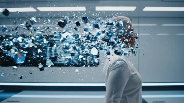 Profile view of a senior scientist's head disintegrating into a cloud of glowing blue digital cubes and particles, representing burnout, stress from information overload, and mental chaos