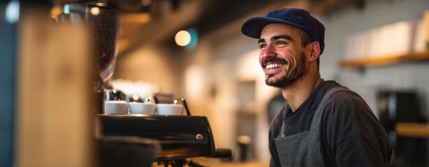 The Barista Smiling Behind an Espresso Machine in a Modern Caf&eacute;