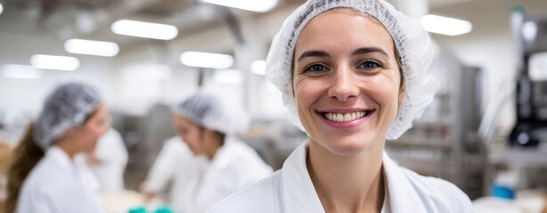 The Smiling Female Worker in a Food Processing Facility Wearing a Hairnet and Lab Coat