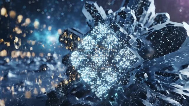 Abstract crystalline structure with glowing binary code patterns against a starry background