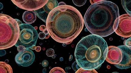 Microscopic abstract cells with glowing textures