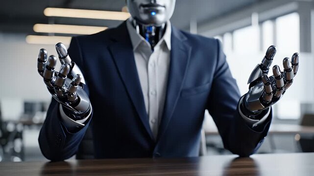 Humanoid robot in a dark blue suit with robotic hands extended