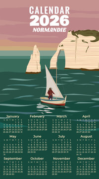 Monthly 2026 Calendar Travel poster Normandie France, vintage seascape rock cliff