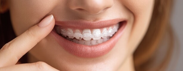 The smile of a woman with clear ceramic braces and finger pointing to teeth
