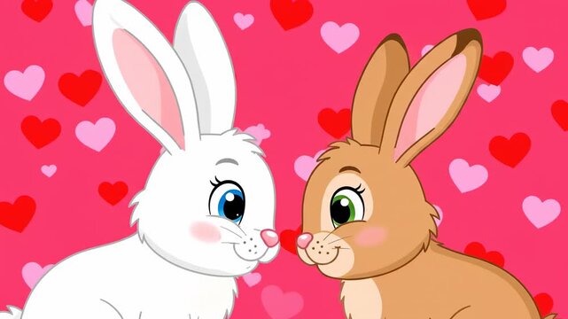 Two adorable cartoon rabbits, facing each other. Hearts floating at different depths, creating a beautiful effect. Soft, warm lighting makes their fur look touchable and bright.