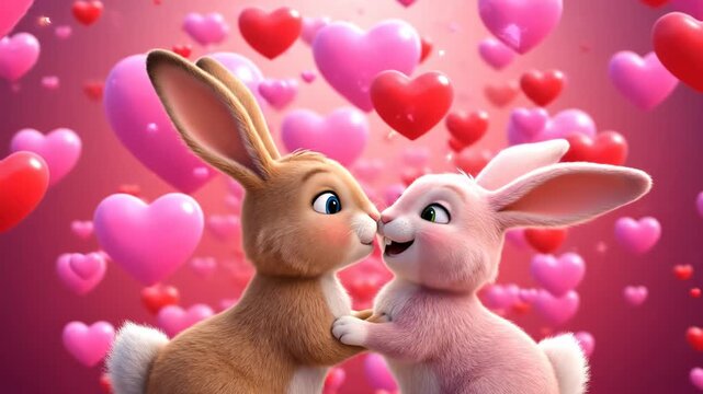 Two adorable cartoon rabbits, facing each other. Hearts floating at different depths, creating a beautiful effect. Soft, warm lighting makes their fur look touchable and bright.