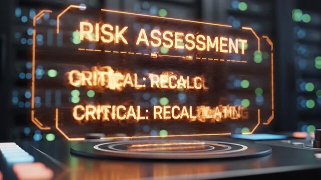 Futuristic interface displays "RISK ASSESSMENT 8.3" with glowing orange digits