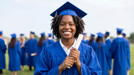 Smiling Black female graduate in blue cap and gown holding a diploma at an outdoor ceremony.