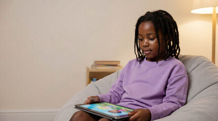 Young African American girl with braided hair watching digital tablet while sitting comfortably in gray bean bag chair in cozy room.