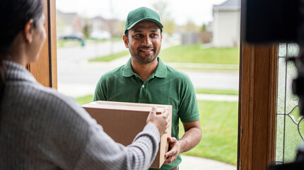 Smiling South Asian courier in green uniform handing package to customer at open front door.