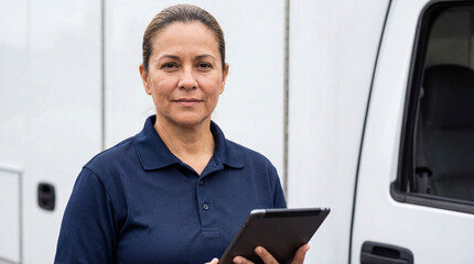 Middle-aged Hispanic paramedic holding a digital tablet while standing next to a white ambulance.