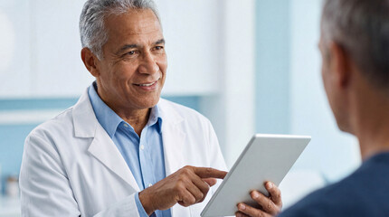 Senior male doctor in a lab coat pointing at a silver tablet while speaking to a patient in an office.