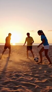 People Playing Beach Soccer at Sunset with Dynamic Motion