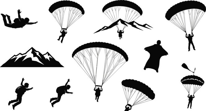 Skydiving and parachuting silhouette icon set, aerial sport, freefall motion, wingsuit glide, mountain backdrop, vector illustration, black pictogram, adventure, extreme