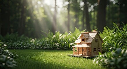 Serene woodland scene with miniature house model surrounded by lush greenery and sunlight filtering through trees