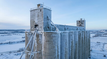 Imposing Icy Grain Elevator Structure Standing Against a Winter Sky