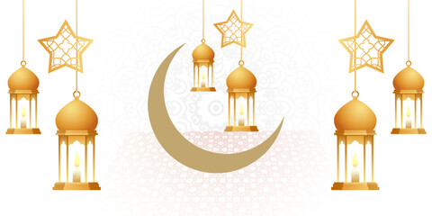 3d luxury golden crescent moon and lantern Ramadan Kareem Eid Mubarak Islamic background banner with lights. Translation: "Muslim fasting month and celebration day after fasting" © Achmad Sukriyadi
