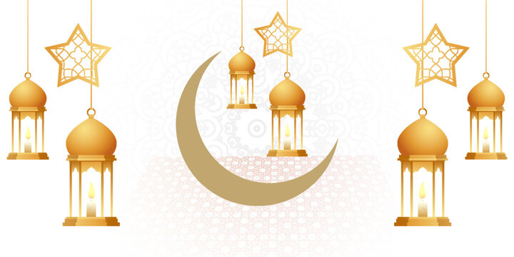 3d luxury golden crescent moon and lantern Ramadan Kareem Eid Mubarak Islamic background banner with lights. Translation: "Muslim fasting month and celebration day after fasting"