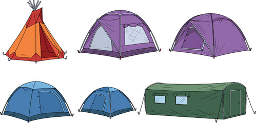 Collection of camping tent vector illustrations featuring various styles like teepee dome tents and large cabin tents for outdoor adventure travel and hiking gear design © Hosneara