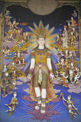 The contemporary stucco artwork in the Ordination Hall of Wat Pariwat Ratchasongkhram blends concepts related to beliefs and philosophy. Located at Bangkok city in Thailand.