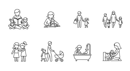 Collection of Simple Line Art Icons Depicting Diverse Family Activities and Childcare Moments