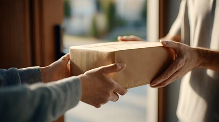 Obraz premium Delivery person handing over a brown cardboard box to a customer's hands, representing express shipping, e commerce, and efficient logistics service for home parcel receiving