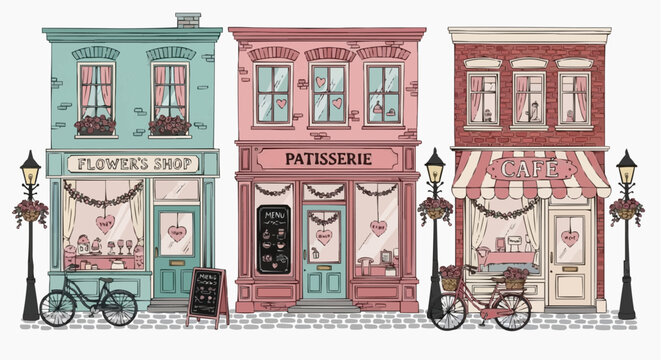 Colorful french street scene with patisserie flower shop and cafe buildings