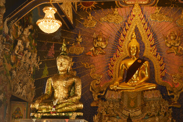 Phra Phutha Sukhothai is Buddha image, the principal Buddha statue in the Ordination hall of Wat Pariwat Ratchasongkhram at Bangkok capital city in Thailand.