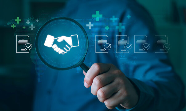 CRM partnerships, customer trust, relationship building, sales collaboration, data-driven engagement, and corporate business growth strategies. business holding magnifying glasses highlight handshake