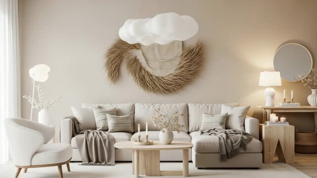 Cozy living room with white couch and wooden coffee table with decorative pillows and a blanket on a beige background