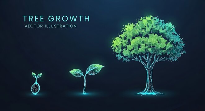 Vector illustration of polygonal tree growth stages from seedling to mature tree, symbolizing development and evolution in technology.