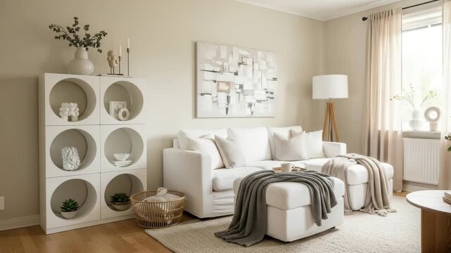 Cozy modern living room with white sofa and ottoman, beige rug, and wooden coffee table with decor