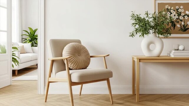 Elegant chair with wooden frame and beige cushion in a bright room with a console table and plant