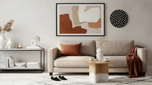 Elegant living room with beige couch and abstract art on the wall