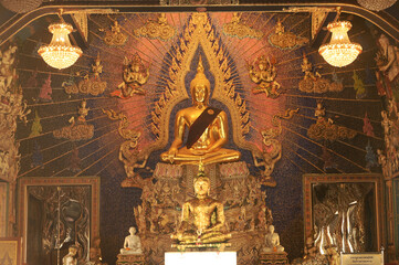 Phra Phutha Sukhothai is Buddha image, the principal Buddha statue in the Ordination hall of Wat Pariwat Ratchasongkhram at Bangkok capital city in Thailand.